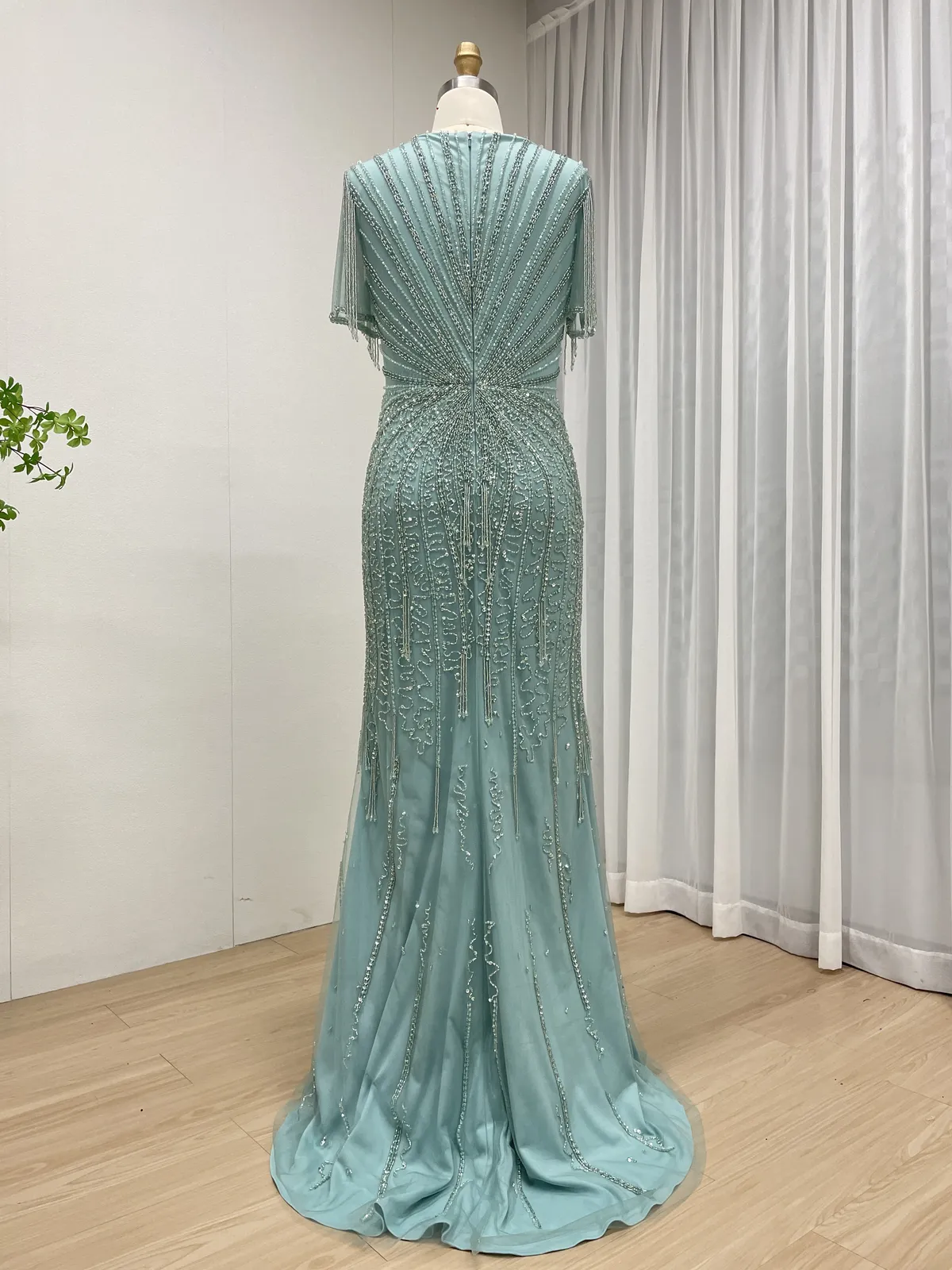 Dusty Rose Symmetrical Beaded Evening Gown with Fringe Sleeves – MB40343-2 - 图片 7