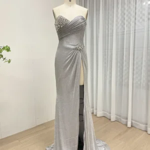 Metallic Silver Ruched Strapless Gown with Jewel Brooch – MB40402B