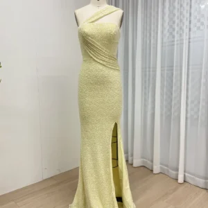 Pale Yellow One-Shoulder Sequin Evening Gown with High Leg Slit MY30187