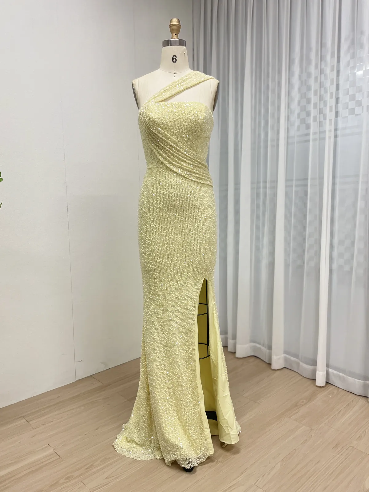Pale Yellow One-Shoulder Sequin Evening Gown with High Leg Slit MY30187