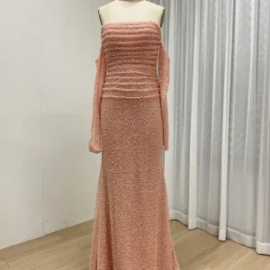 Peach Sequin Mermaid Evening Dress with Matching Choker & Detachable Sleeves MY30176