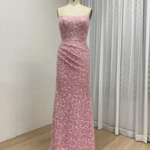 Pink Strapless Beaded Evening Gown with Ruched Detail MY30177