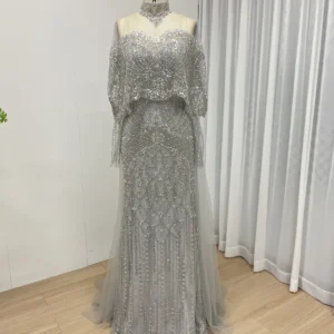 Silver Beaded Sweetheart Gown with Detachable High-Neck Capelet & Tulle Train MY30224