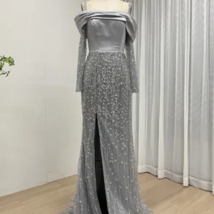 Silver Grey Off The Shoulder Beaded Evening Gown with Intricate Vine Detail MY30202-2