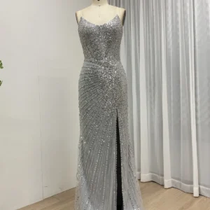 Silver Sunburst Sequin Evening Gown with Corset Back & High Slit – MB40430-2
